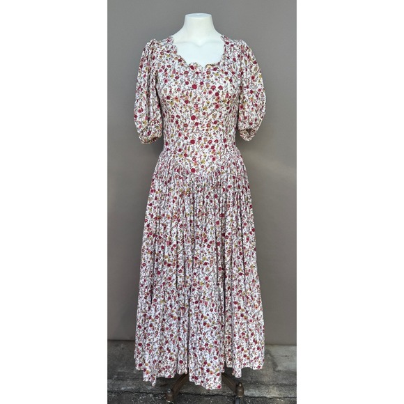 Handmade Dresses & Skirts - Vintage Prairie Maxi Dress Small Floral Puff Sleeve Tiered Bonnet Cottage Coplay
